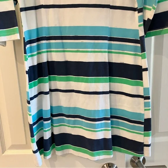 MAHI GOLD Womens Large Blue Green White Striped 3/4 Sleeve Stretch Cotton Dress - Picture 5 of 10